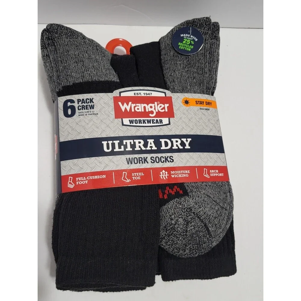 Ultra Dry Work Socks Wrangler Mens Cushion Crew Size 6-12 6 Pair Steel Toe